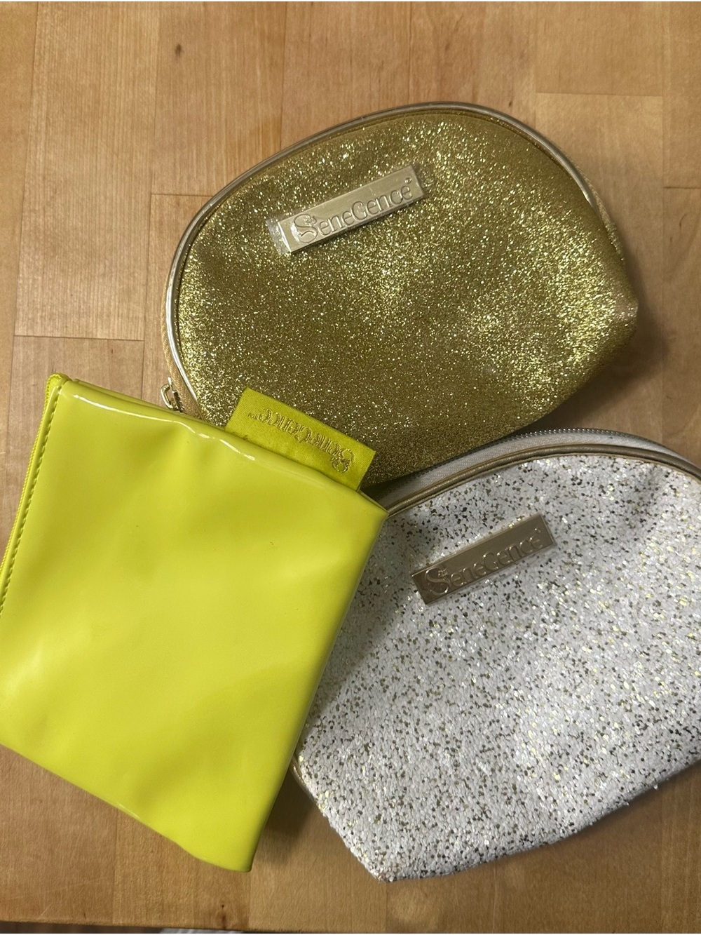 SeneGence Glitter Cosmetic Pouches in Gold, Silver & Neon Yellow
